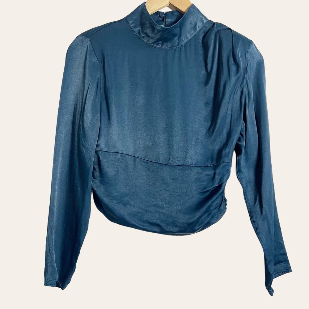 Zara Navy Blue Satin Ruched Side Mock Neck Crop Long Sleeve Top XS